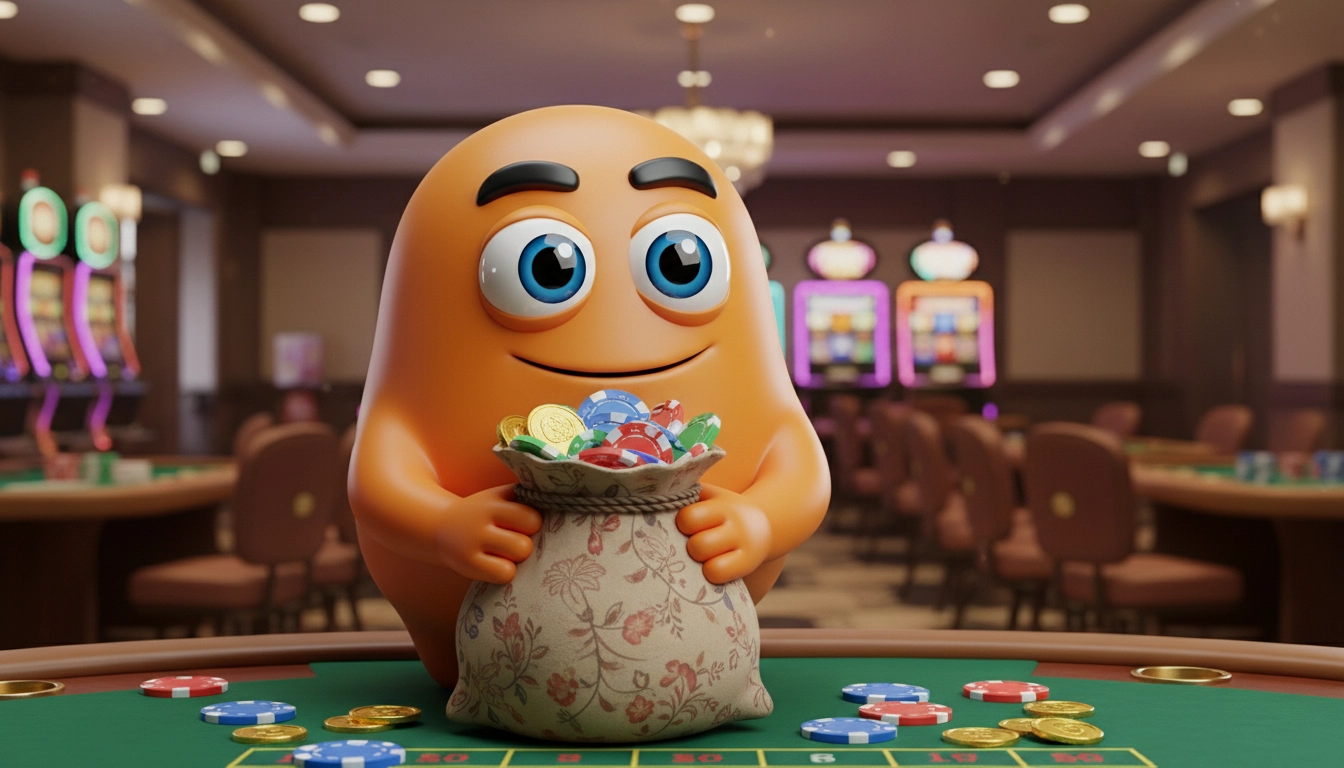 Casino mascot holding chips after discovering PayID benefits