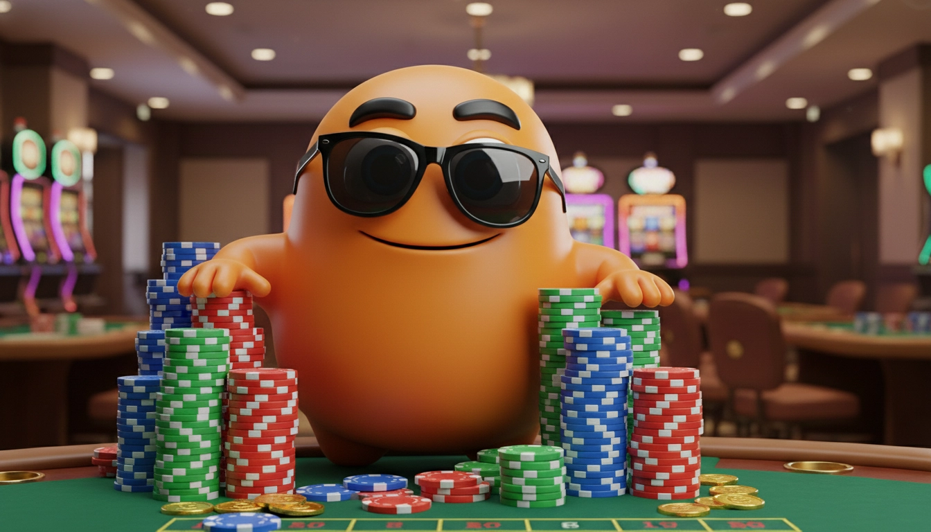 Casino mascot holding large stacks of chips after PayID benefits