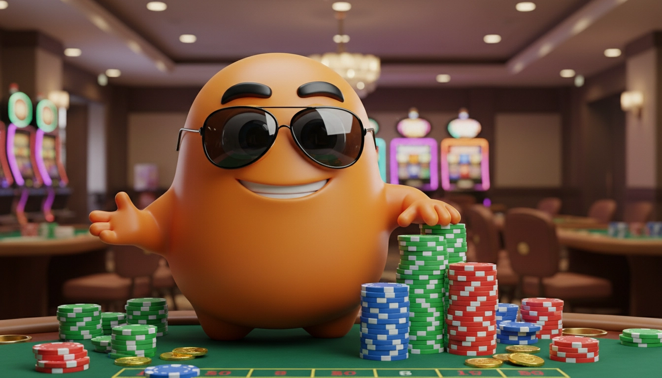 Casino mascot with sunglasses and chips introducing PayID real money pokies